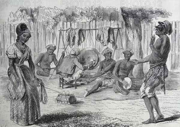 Engraving depicting a tribal masked dance