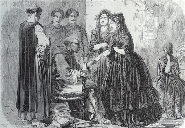 Engraving depicting a visit by Father Zea to the Convent in Lima