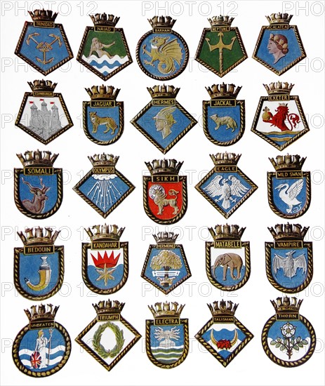 A badge for each of the 25 types of ships of the Royal Navy lost on war service.