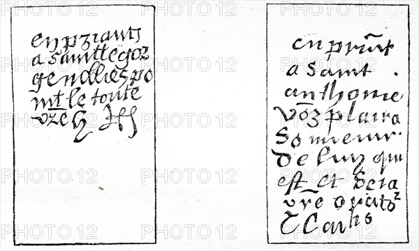 Left: facsimile of the writing of Henry VIII. Right: facsimile of the writing of Cardinal Wolsey.