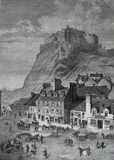 Edinburgh Castle, Scotland, from the corn exchange, in the grass market.