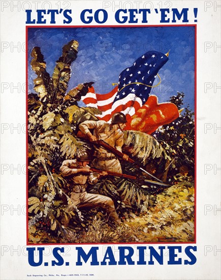 1942 Poster showing Marines bearing rifles with bayonets