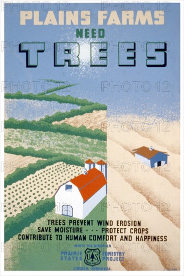 Poster encouraging planting trees as a method of soil conservation.