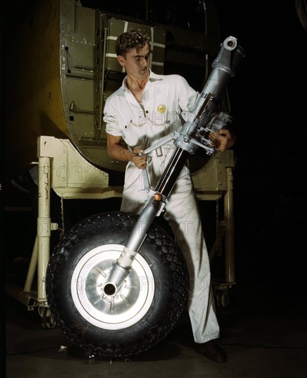 World War two: A nose wheel and landing gear assembly for a B-25 bomber under construction