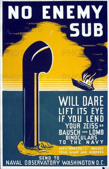 Federal Art Project Poster showing a periscope emerging from the sea, with a ship in flames and sinking in the distance.