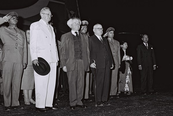 Israeli President Yitzhak Ben Zvi is received by Prime Minister Ben Gurion