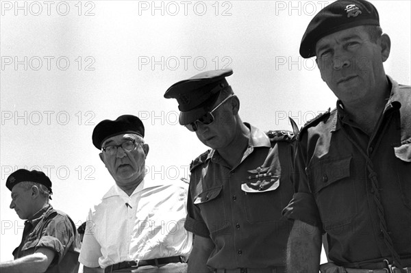 General Haim bar Lev, Prime Minister Levi Eshkol; Chief of staff General Yitzhak Rabin and Major General Israel tal