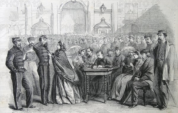 Engraving depicting the presentation of medals to Garibaldi's Veterans