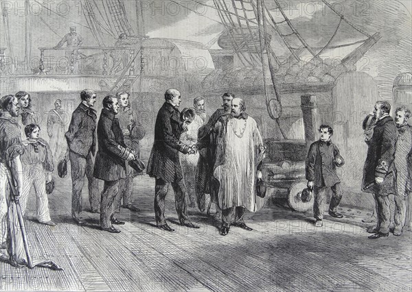 Engraving depicting the farewell visit of Garibaldi to Admiral Munday on board the 'Hannibal'