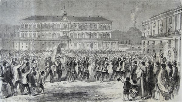 Engraving depicting the British Brigade Marching in the Largo