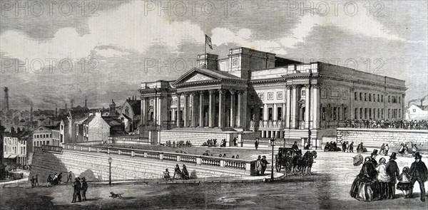 Engraving depicting the free public library and museum