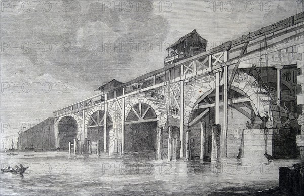 Engraving depicting the demolition of Old Westminster Bridge