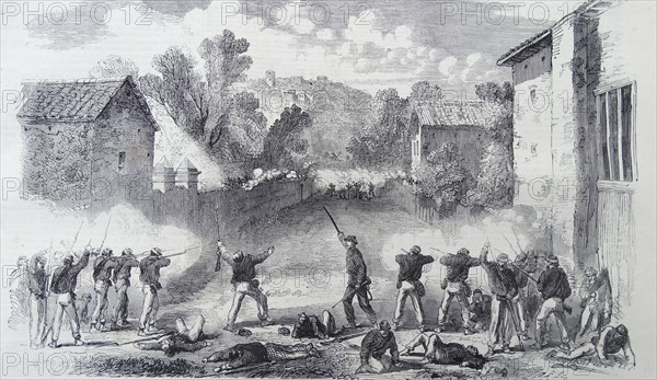 Engraving depicting the Sicilian Skirmishers attacking the Neapolitans