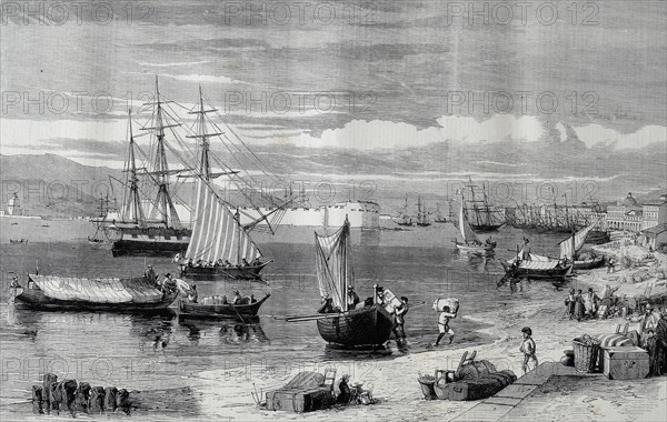 Engraving depicting people unloading their chattels at Messina