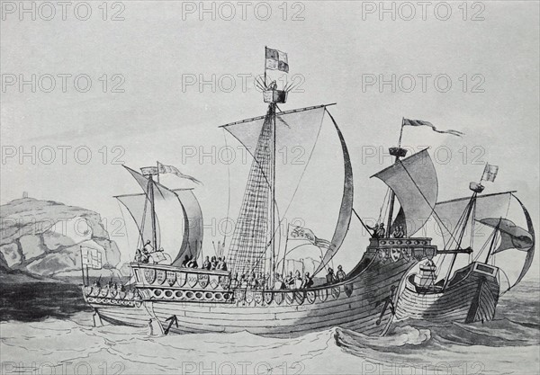 Aquatint of an early 15th Century fighting ship