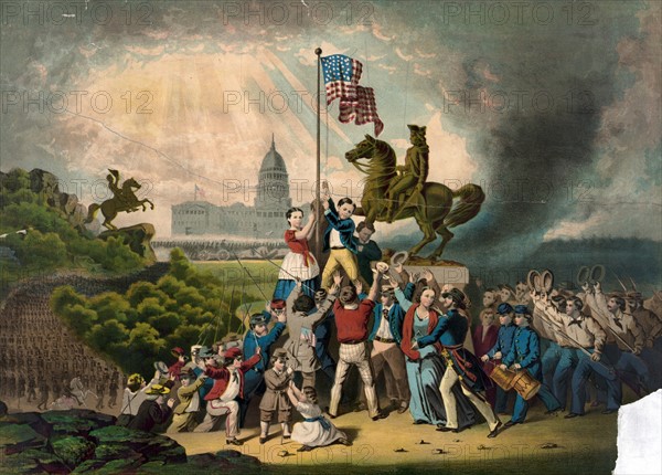 Engraving of a painting titled 'Raising the Flag'