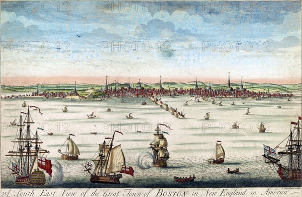 Colour print of a view of Boston from the harbour, with ships in the foreground