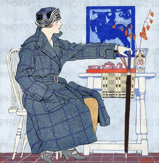Watercolour print of a young woman sitting beside a table holding an umbrella