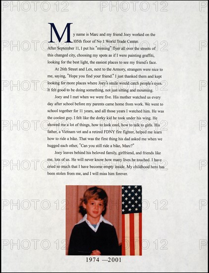 Print titled 'My name os Marc and my friend Joey worked on the 105th floor of No.1 World Trade Center'