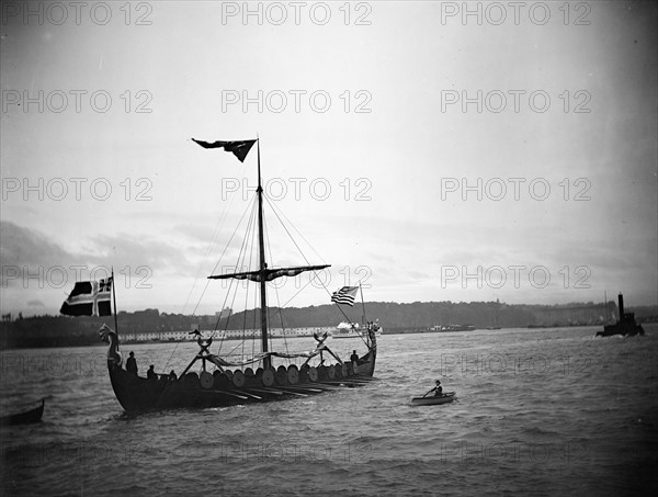 Photograph of a reconstructed Viking ship sailing in the Copenhagen harbour
