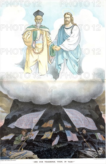 Chromolithograph print titled 'Are our teachings, then, in vain?' created by Udo J Keppler