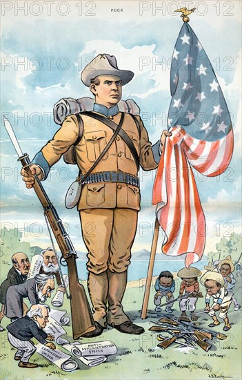 American soldier holding a rifle and the American flag