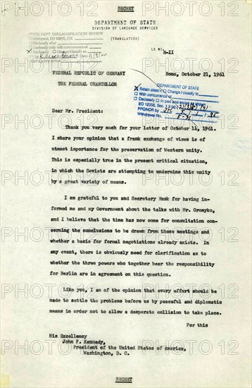 Letter from Chancellor Konrad Adenauer to President John F. Kennedy, 1961