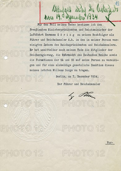 Copy of the Testament of Adolf Hitler 1934