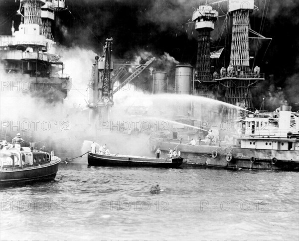 Photograph of the burning of the 'West Virginia' Battle ship 1941