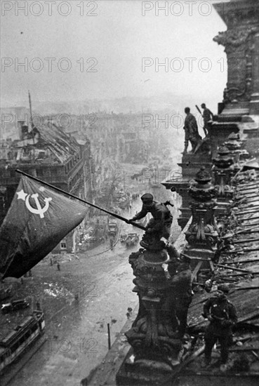 Photograph of Russian Flags in the ruins of the Reichstag in Berlin 1945