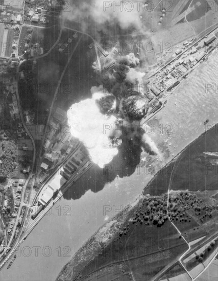 Photograph of a World War Two, oil tank explosion