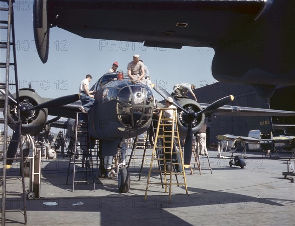 Hand coloured photograph of the construction of B-25 Mitchell Bomber 1942