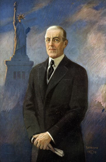 Woodrow Wilson with Statue of Liberty in background.