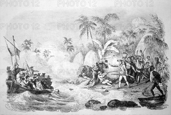 19th century illustration showing the death of Captain James Cook