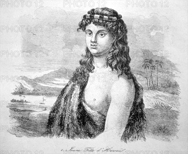 19th century illustration showing young female from the Sandwich Islands in the Pacific