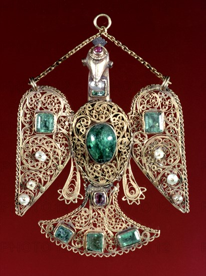 An enamelled and gem set gold, eagle pendant, Islamic possibly north African 18th century