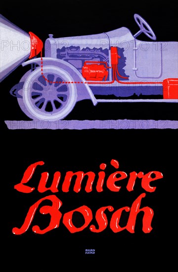 Advertising poster for Bosch lighting showing a car headlight 1913