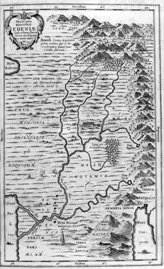 Illustration showing a map of the garden of Eden, from Arca Noe,