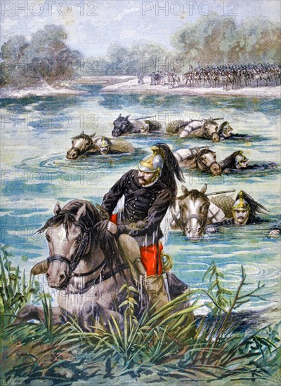 French army cavalry and troops pass through a river during manoeuvres in 1896
