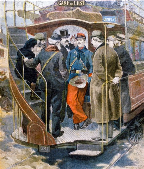 French illustration of a tram conductor in conversation with passengers