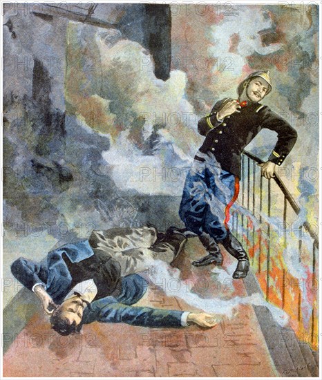 Illustration showing French fireman and civilian overcome by fumes during a fire