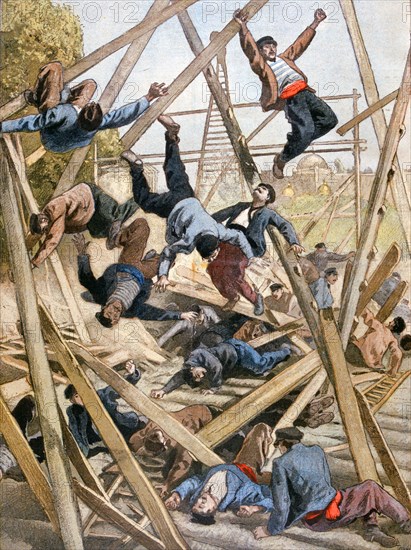 Illustration showing a construction accident as building collapse during the Exposition Universelle of 1900