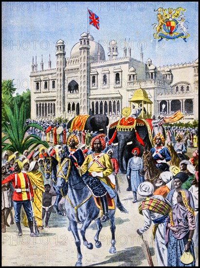 Illustration showing a procession in front of the Indian Pavilion, at the Exposition Universelle of 1900