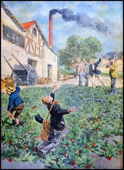 Illustration showing the accidental shooting of a boy during a bird hunt by shooters