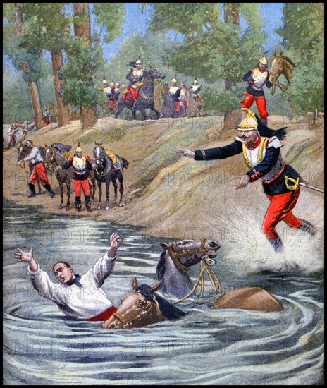 Illustration showing the accidental drowning of a French cavalry officer