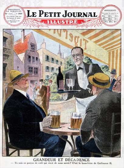 Illustration of men drinking German beer at a Paris street café from a 1903 issue of 'Le Petit Journal