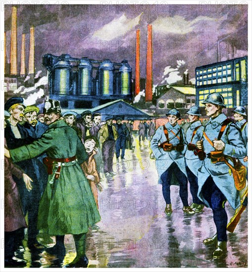Illustration depicting French army occupying the mining regions of the Ruhr in Germany to secure reparations after World War One