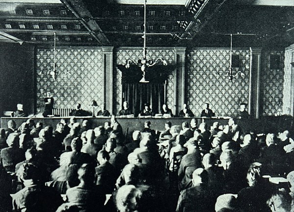 Secretly taken photograph of the trial of Adolf Hitler after the failed Munich Beerhall Putsch