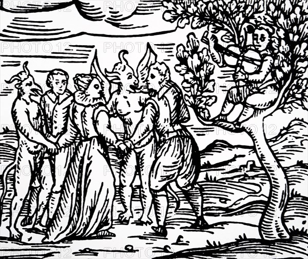 Woodcut print depicting practitioners of witchcraft dancing with demons