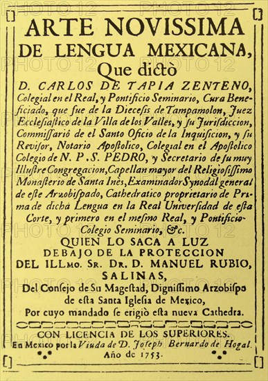Cover of the 'Arte novissima de lengua Mexicana' which translates to 'Mexico: widow of Joseph Bernardo de Hogal'